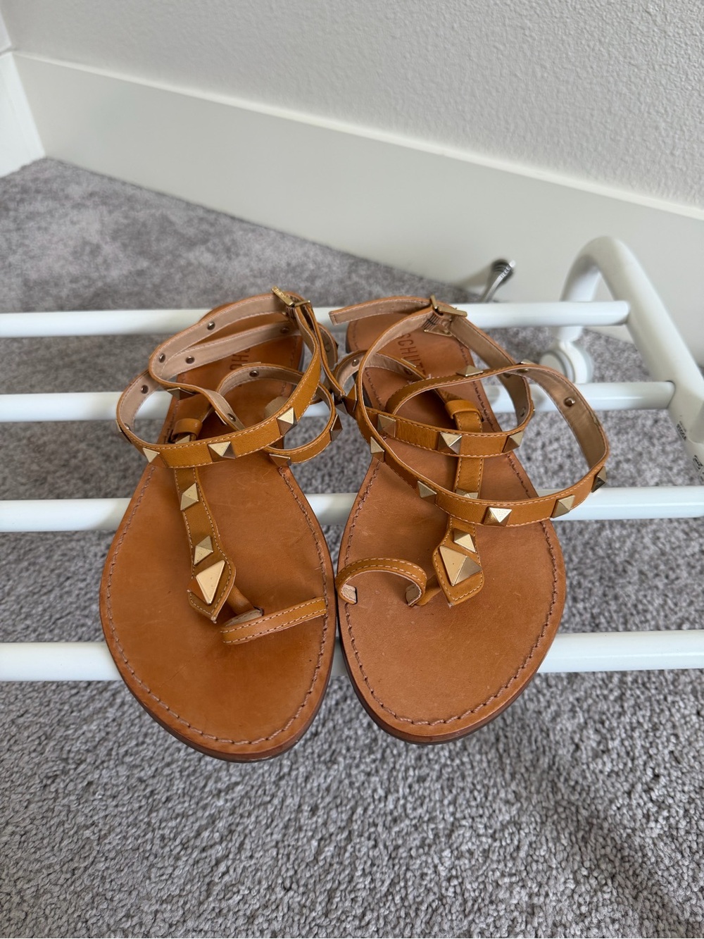 Schutz Tan Leather Pyramid-Stud T-Strap Sandals